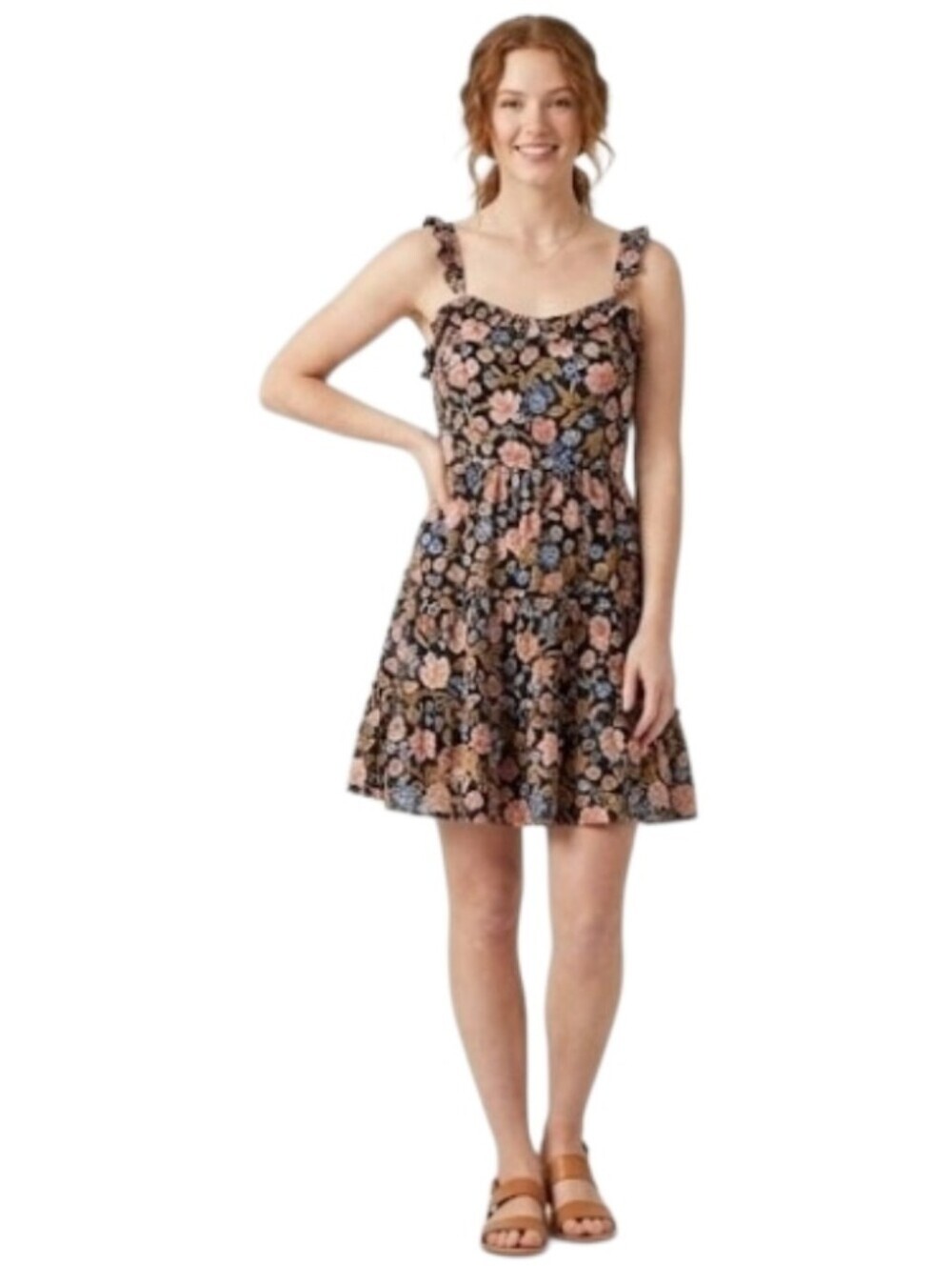 Mi Ami Black Floral Ruffle-Strap Mini Dress